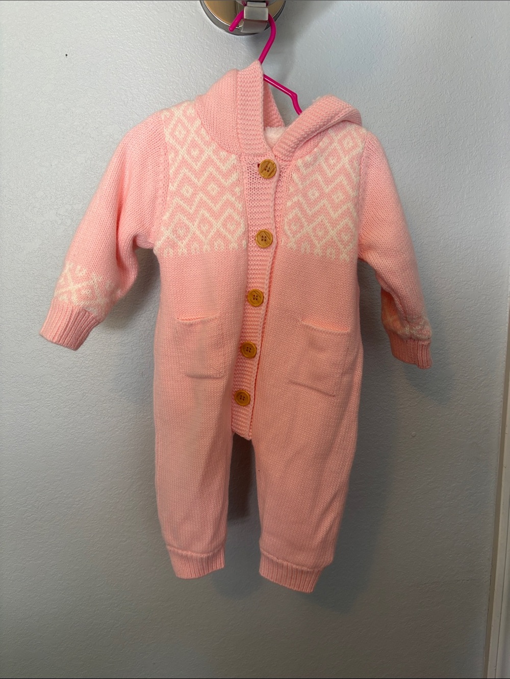 Pink Hooded Knit Baby One-Piece with Wood Buttons